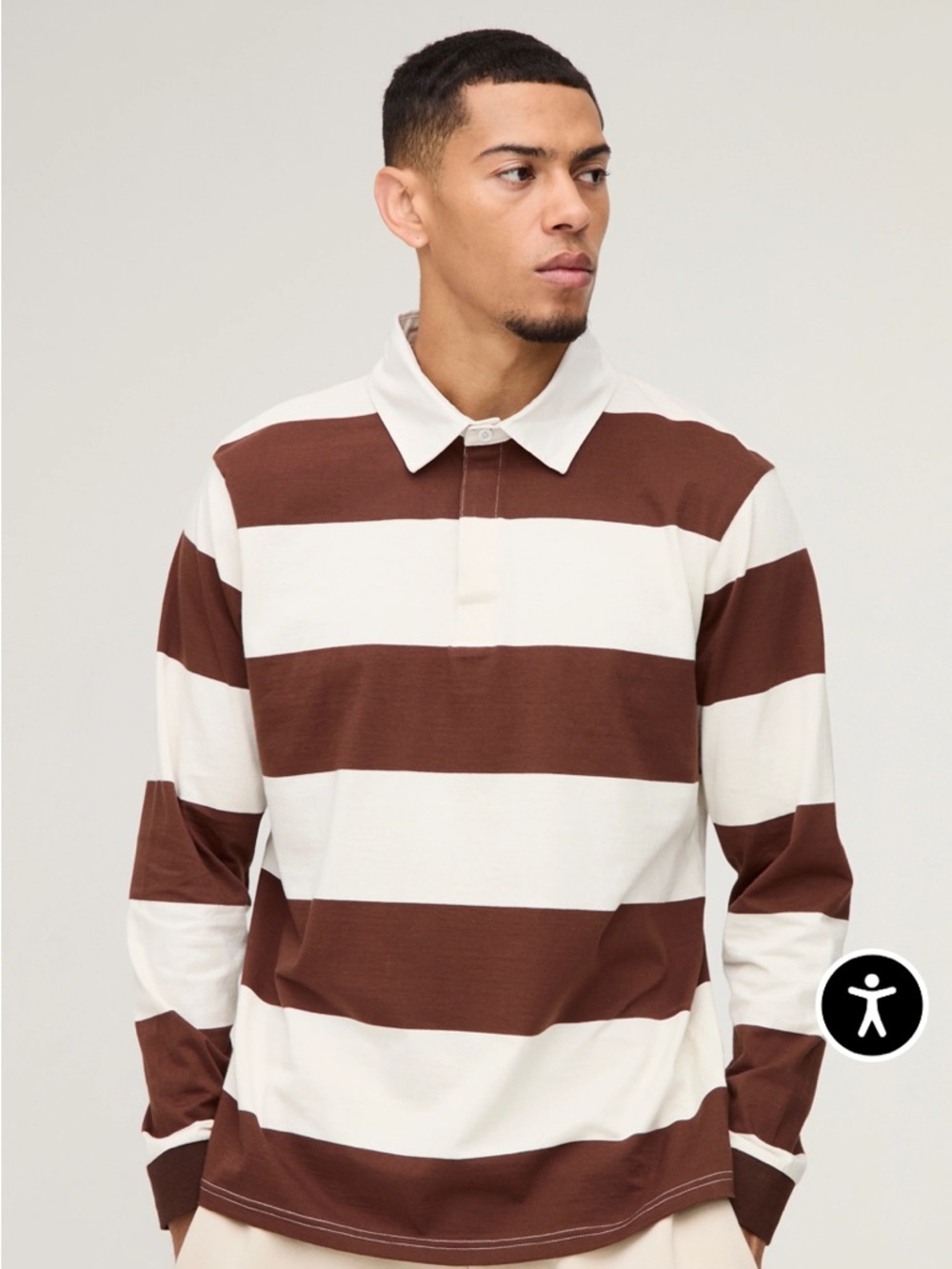 boohooMAN Oversized Boxy Long Sleeve Rugby Polo brown & white stripe large NWT